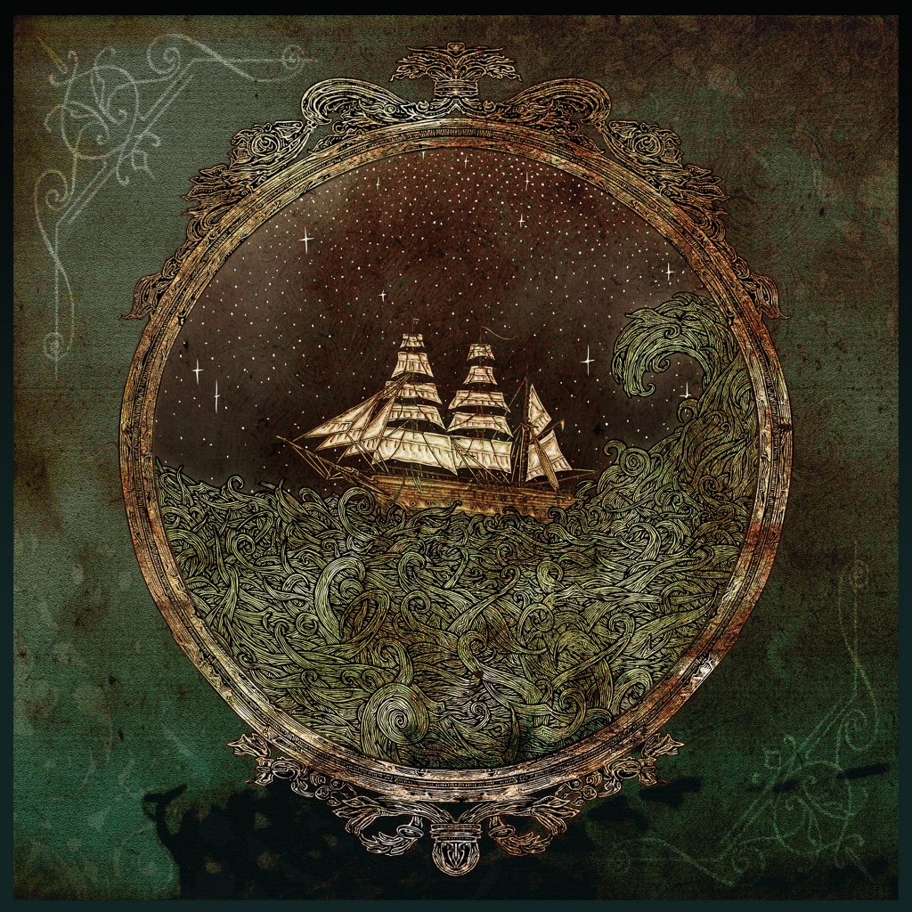 Colour illustration in pen of a tall ship boat in the ocean sea with waves for musicians Little Bear band from Derry Ireland CD EP cover ‘Ancient Wave’ by Dublin based illustrator John Rooney