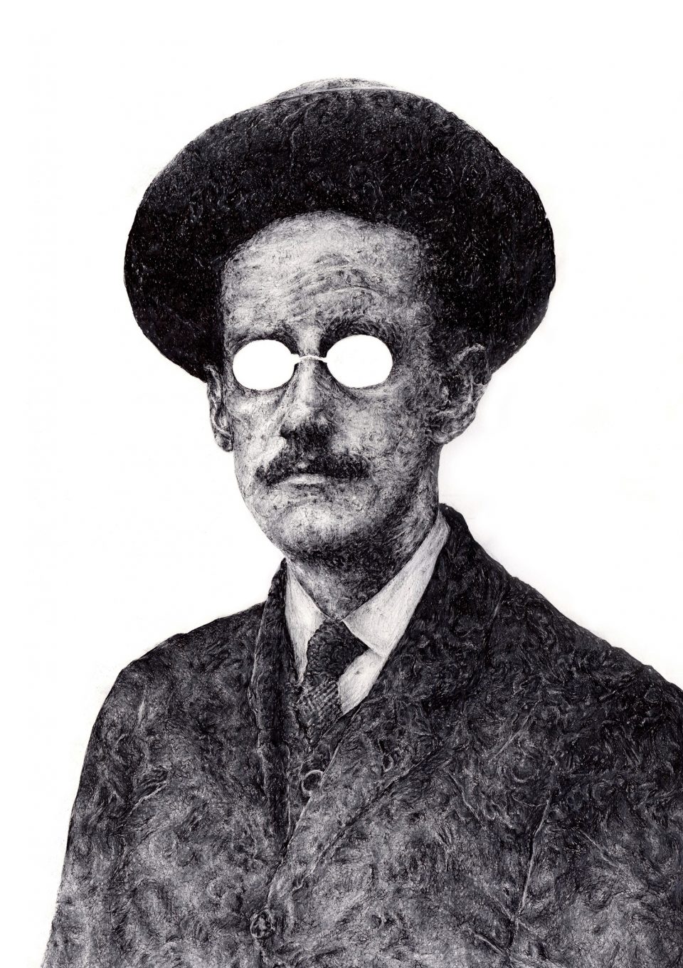 Signed illustration portrait print of Irish writer James Joyce with white glasses by Dublin based illustrator John Rooney in pen, ink and pencil