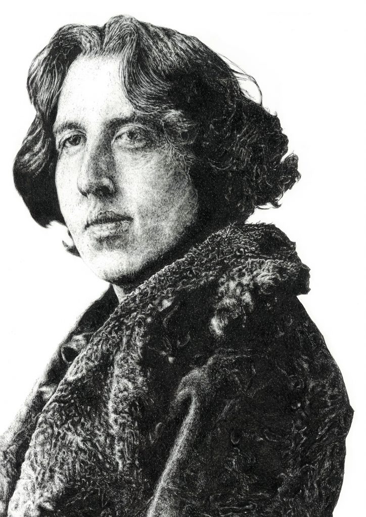 Signed illustration portrait print of Irish writer Oscar Wilde by Dublin based illustrator John Rooney in pen, ink and pencil