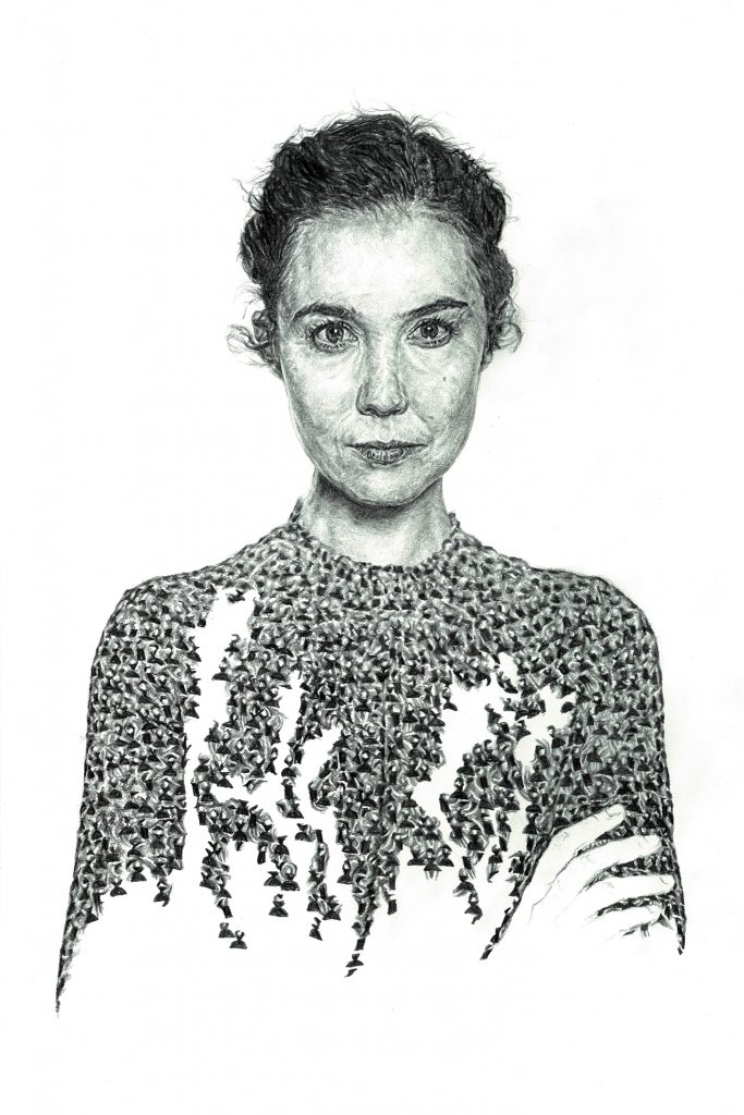 Hand-drawn unfinished portrait illustration of musician Lisa Hannigan as part of a solo exhibition for the Sounds From A Safe Harbour festival in Cork city Ireland, 2017 using pen and pencil by Irish, Berlin-based artist and illustrator John Rooney