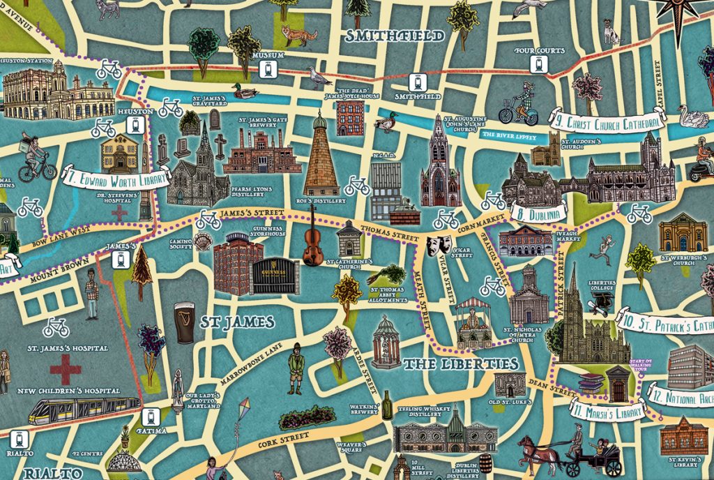 Hand-drawn colourful illustration of a map for festival in Ireland called Culture Date with Dublin 8 including IMMA, Kilmainham Gaol, Phoenix Park, animals, NCAD, Christ Church, using pen and pencil and photoshop by Berlin-based Irish artist and illustrator John Rooney
