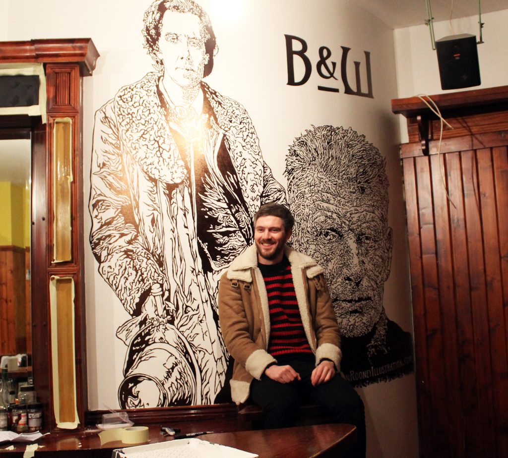 Mural graffiti wall-art illustration portraits of famous Irish authors and playwrights Oscar Wilde and Samuel Beckett, hand drawn with permanent markers in a pub / bar / restaurant in Chamonix-Mont-Blanc, France in the Alps by Berlin-based artist John Rooney