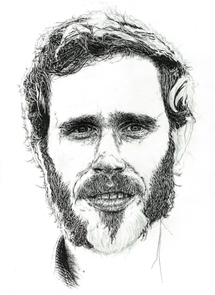 Hand-drawn unfinished portrait illustration of musician James Vincent McMorrow as part of a solo exhibition for the Sounds From A Safe Harbour festival in Cork city Ireland, 2017 using pen and pencil by Irish, Berlin-based artist and illustrator John Rooney
