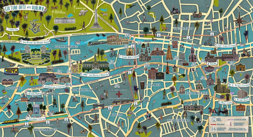 Hand-drawn colourful and highly detailed illustration of a map for festival in Ireland called Culture Date with Dublin 8 including IMMA, Kilmainham Gaol, Phoenix Park, animals, NCAD, Christ Church, using pen and pencil and photoshop by Berlin-based Irish artist and illustrator John Rooney