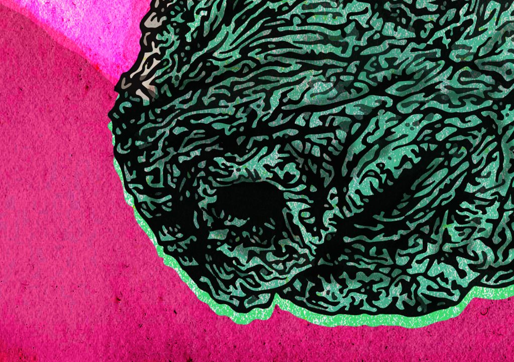 Hand-drawn colourful illustration of a rhinoceros for Irish musician Lasertom's music EP release 'Super Saor" 2018 using pen and pencil by Berlin-based artist and illustrator John Rooney