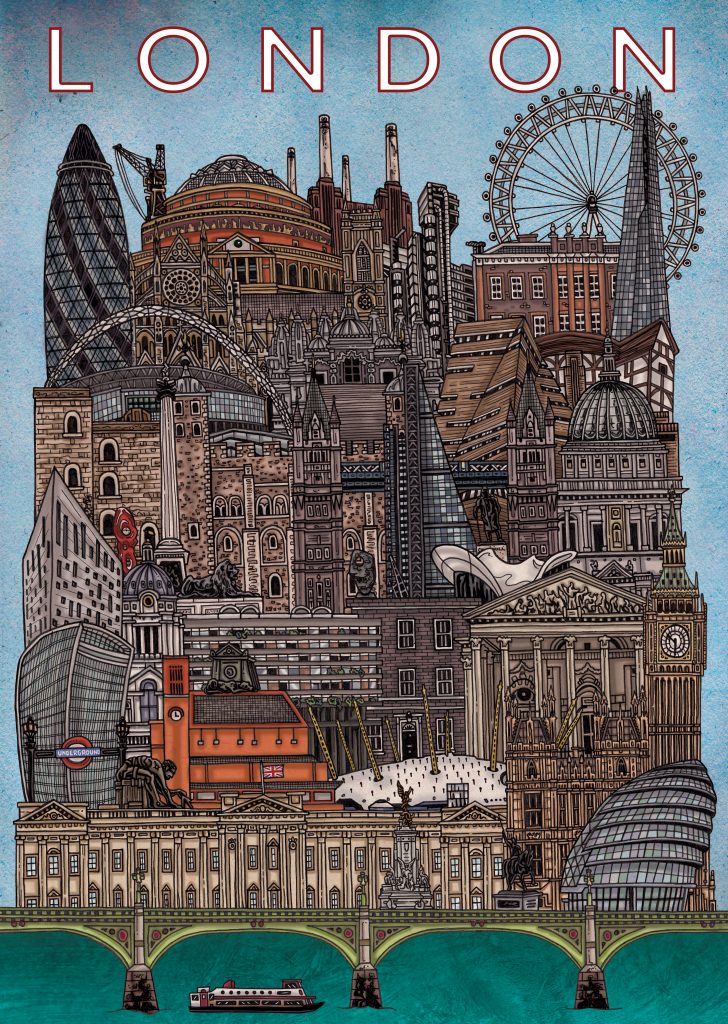 Hand-drawn colourful, detailed illustration of capital of England and the UK - London, including it's famous architecture Big Ben, Gherkin, London Bridge, Tower Of London, Tate Modern, St Paul's Cathedral, Buckingham Palace, 10 Downing Street, using pen and pencil and digitally coloured on Photoshop by Irish artist and illustrator John Rooney