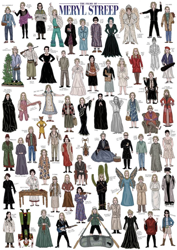 Hand-drawn colourful and detailed illustration film poster of caricature sketches of Hollywood actor Meryl Streep in all of her movie roles including Kramer Vs. Kramer, Sophie's Choice, The Devil Wears Prada, Little Women, Out of Africa, Death Becomes Her,  using pen and pencil by Berlin-based artist and illustrator John Rooney